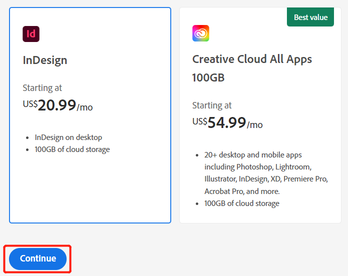 select a subscription plan for InDesign