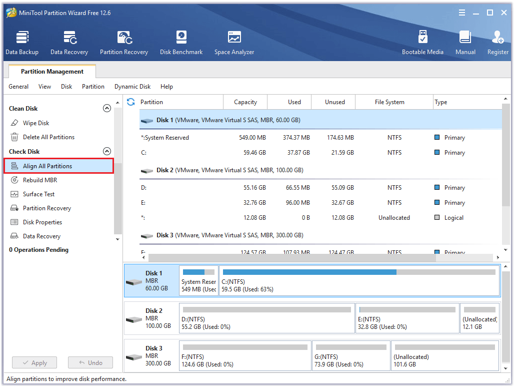 select Align All Partitions from the left panel