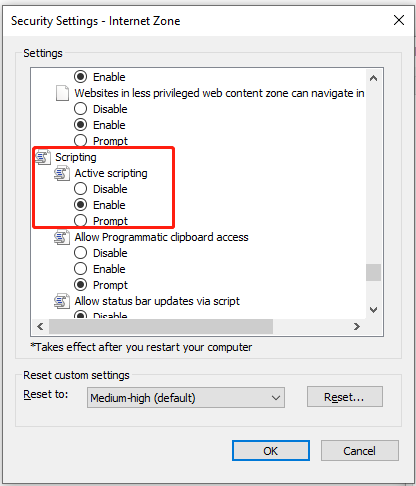 select Active scripting on IE