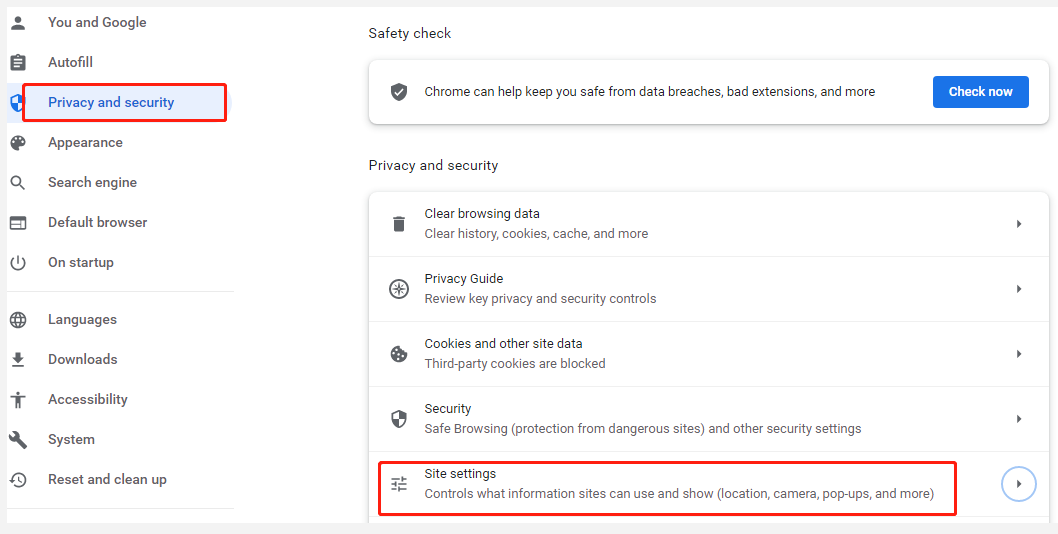 expand Site settings on Chrome