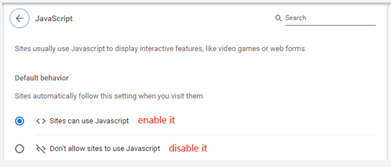 enable or disable JavaScript Chrome