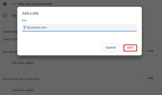 add a site in the JavaScript options