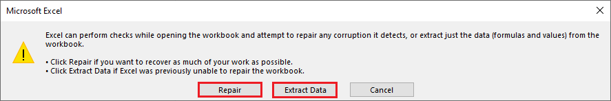 select repair or extract data option
