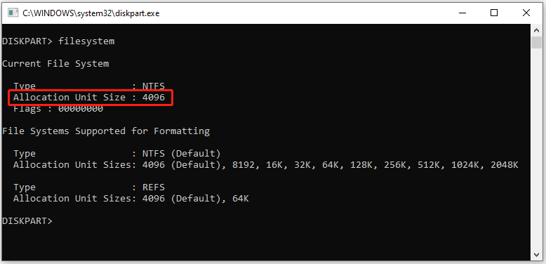 Check cluster size in Command Prompt
