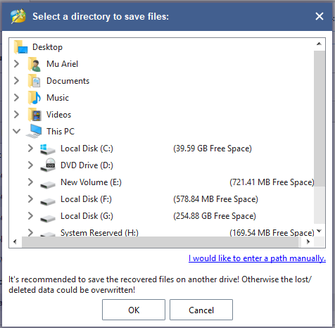 select a location to save the recovered file in MiniTool