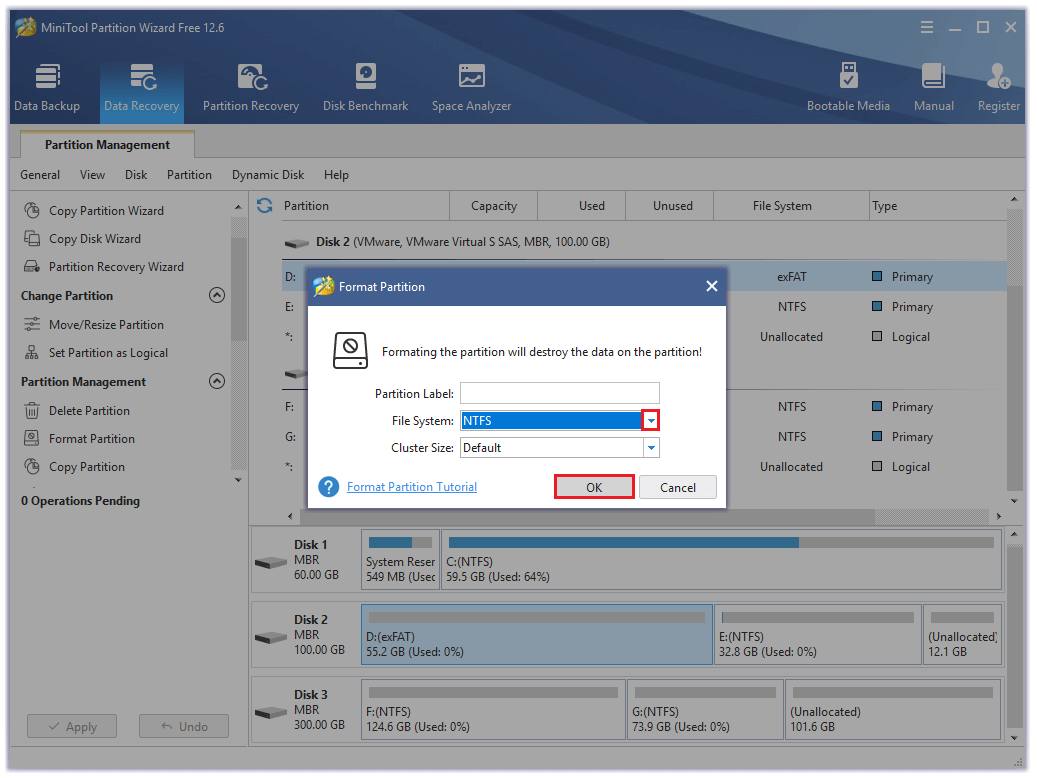 select NTFS from the menu and click on OK
