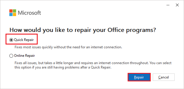 repair the Microsoft Office app