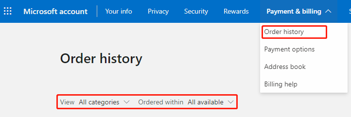 select Order history on Microsoft Store