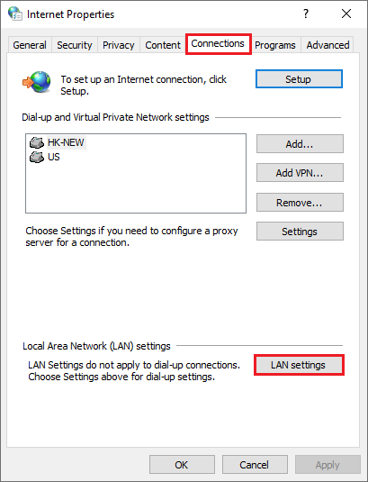 select LAN settings option