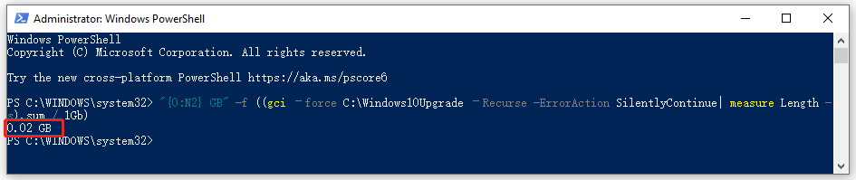 get directory size using PowerShell