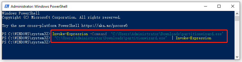 run exe using the invoke expression PowerShell command