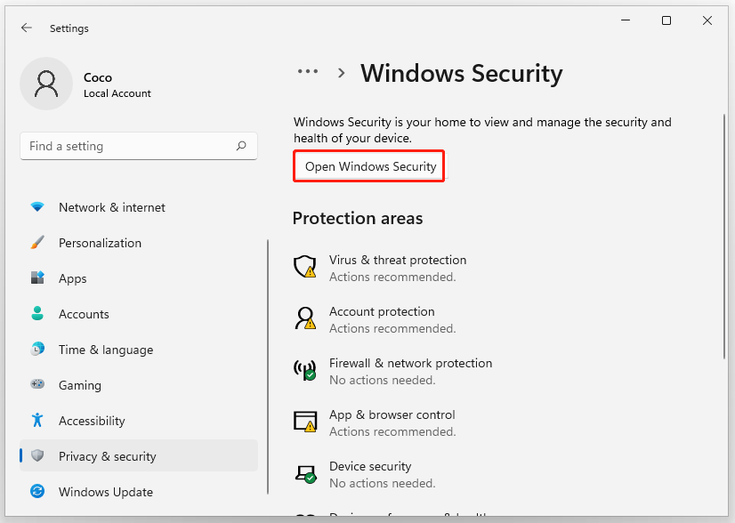 click Open Windows Security