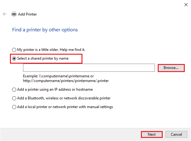 click Select a shared printer by name