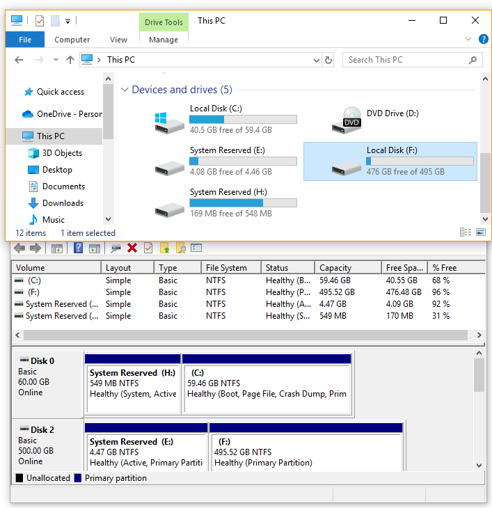 disk space size in File Explorer and Disk Management