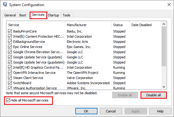 select disable all
