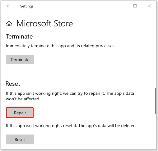 Repair Microsoft Store