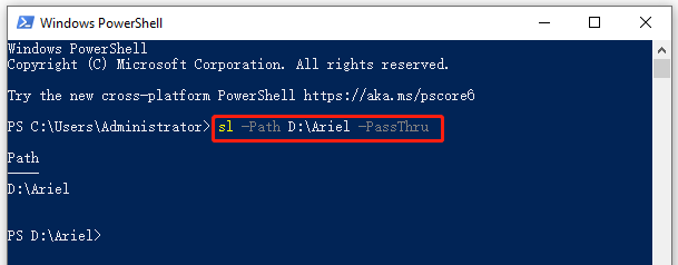 change directory PowerShell using the sl command
