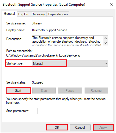 enable the Bluetooth Support Service