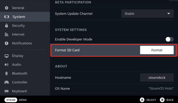 Format the SD card using Steam Deck