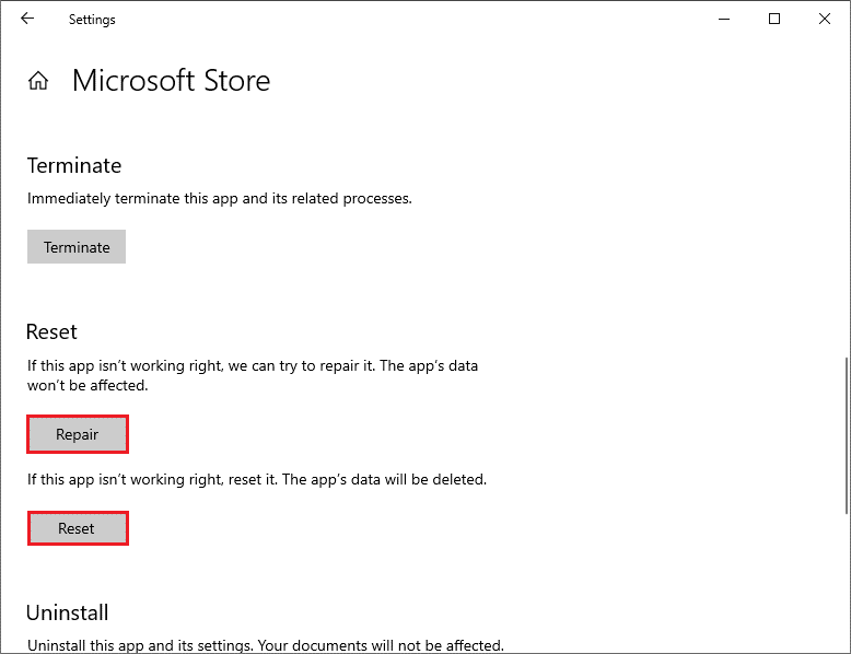 repair or reset Microsoft Store