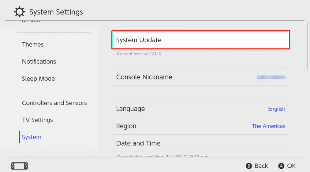 System Update version on Switch