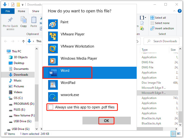 choose Word to open PDF files