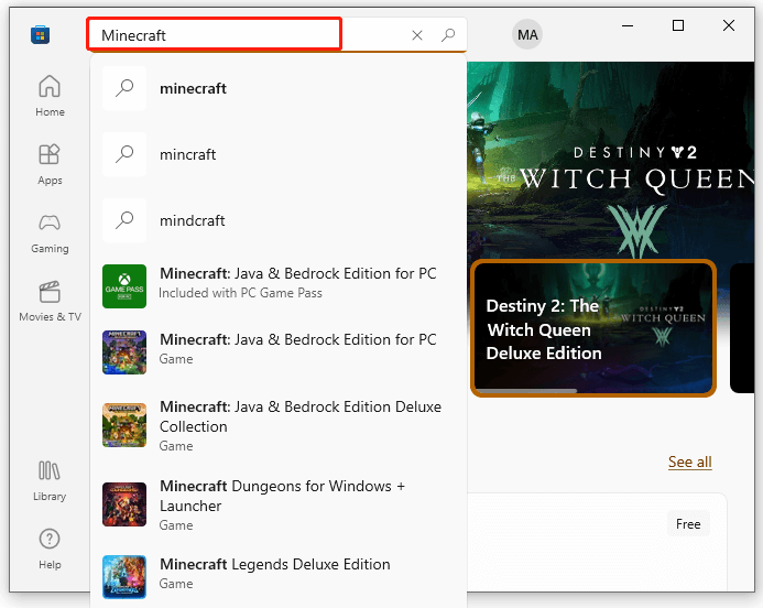 select Minecraft from Microsoft Store