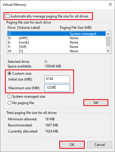 select Automatically manage paging file size for all drives