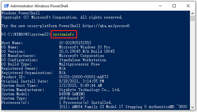 PowerShell Windows version via systeminfo