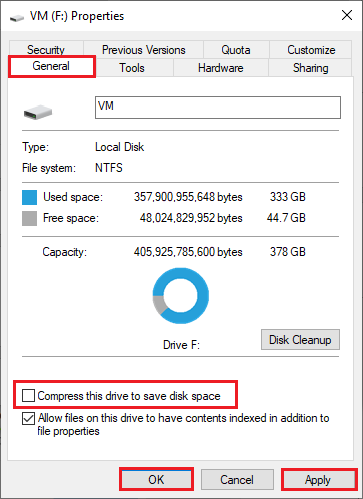 disable the hard drive compression