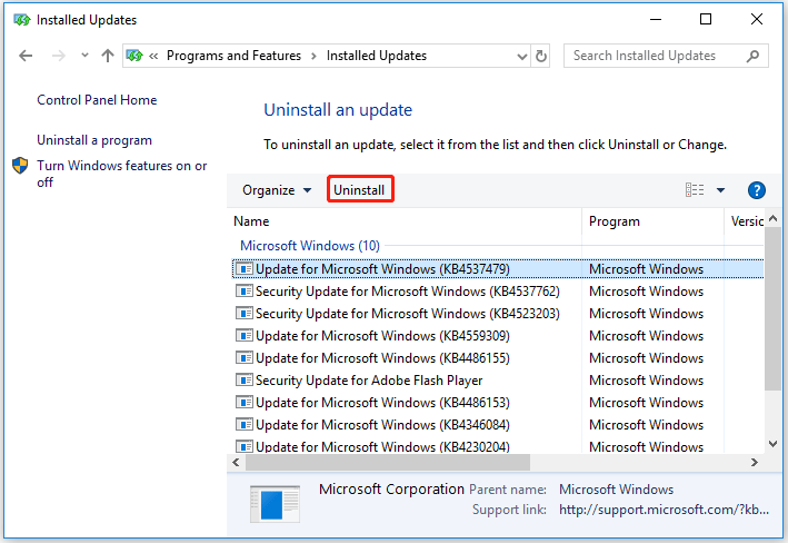 uninstall installed Windows updates