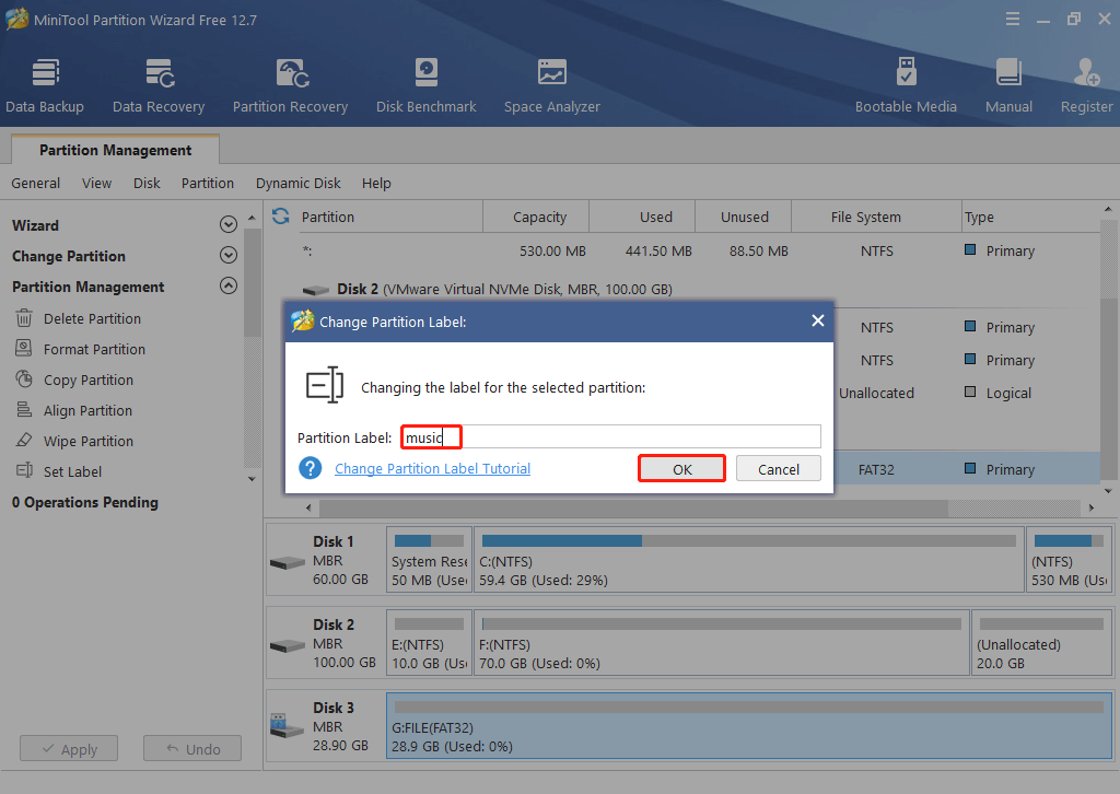 Enter the partition label and click OK