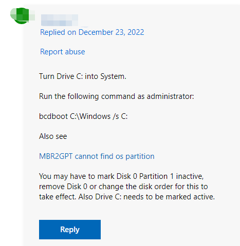 a user report from the Microsoft forum