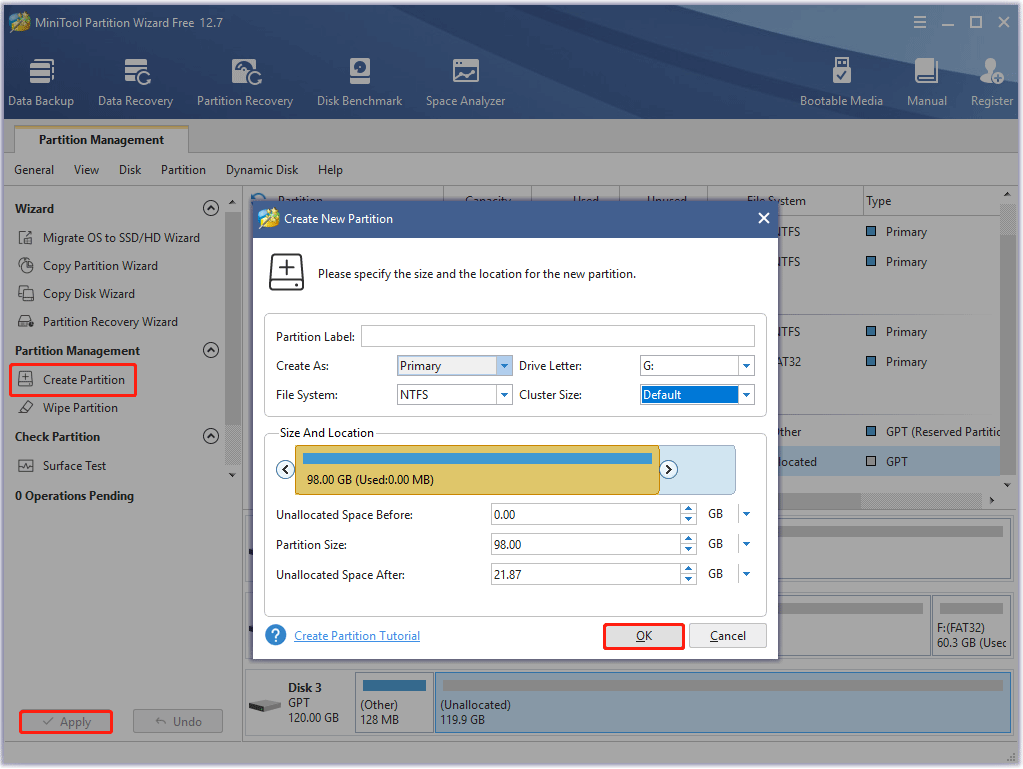 create a partition with MiniTool Partition Wizard