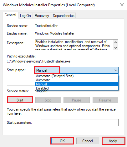 change the status of Windows Modules Installer