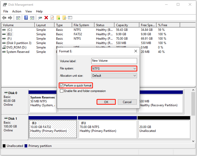 Format the partition via Disk Management