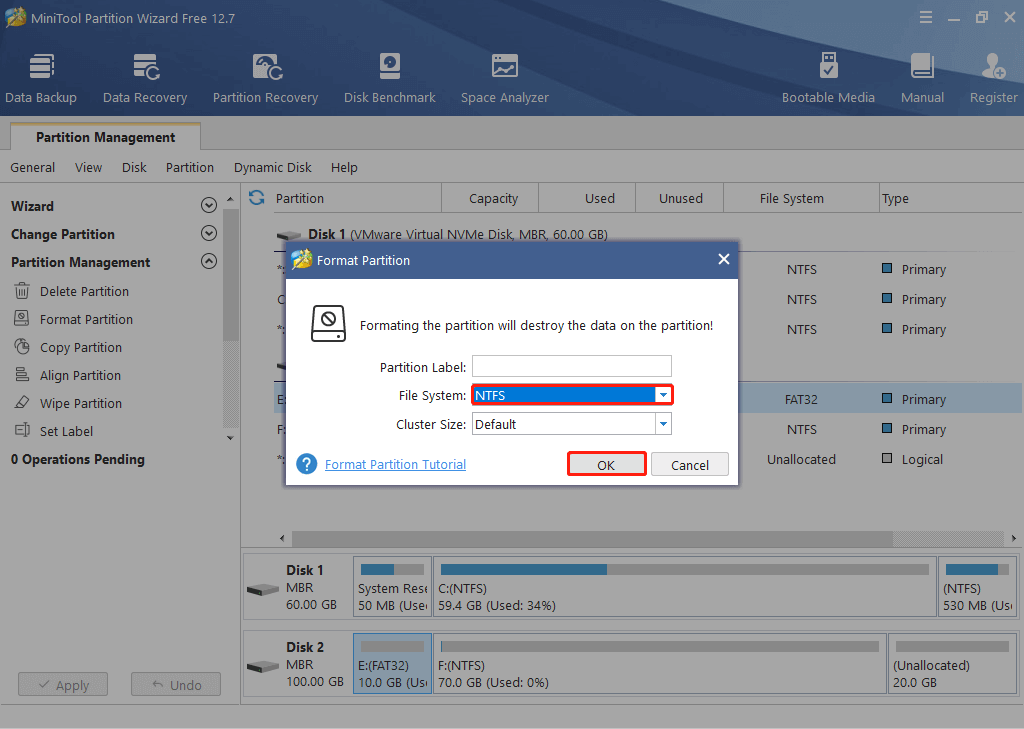 Format the partition via MiniTool Partition Wizard