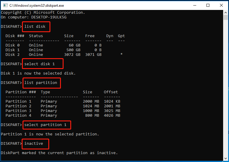 inactive partition using diskpart