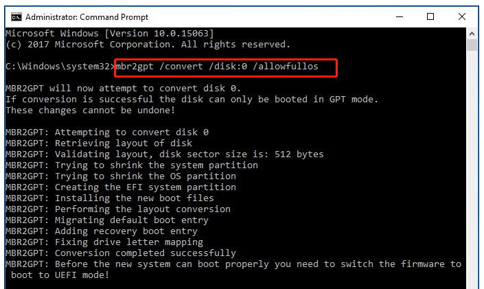 convert MBR to GPT using MBR2GPT