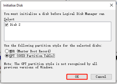 initialize disk to GPT