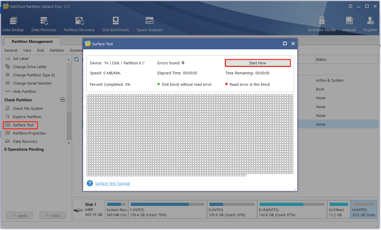 Surface Test using MiniTool Partition Wizard