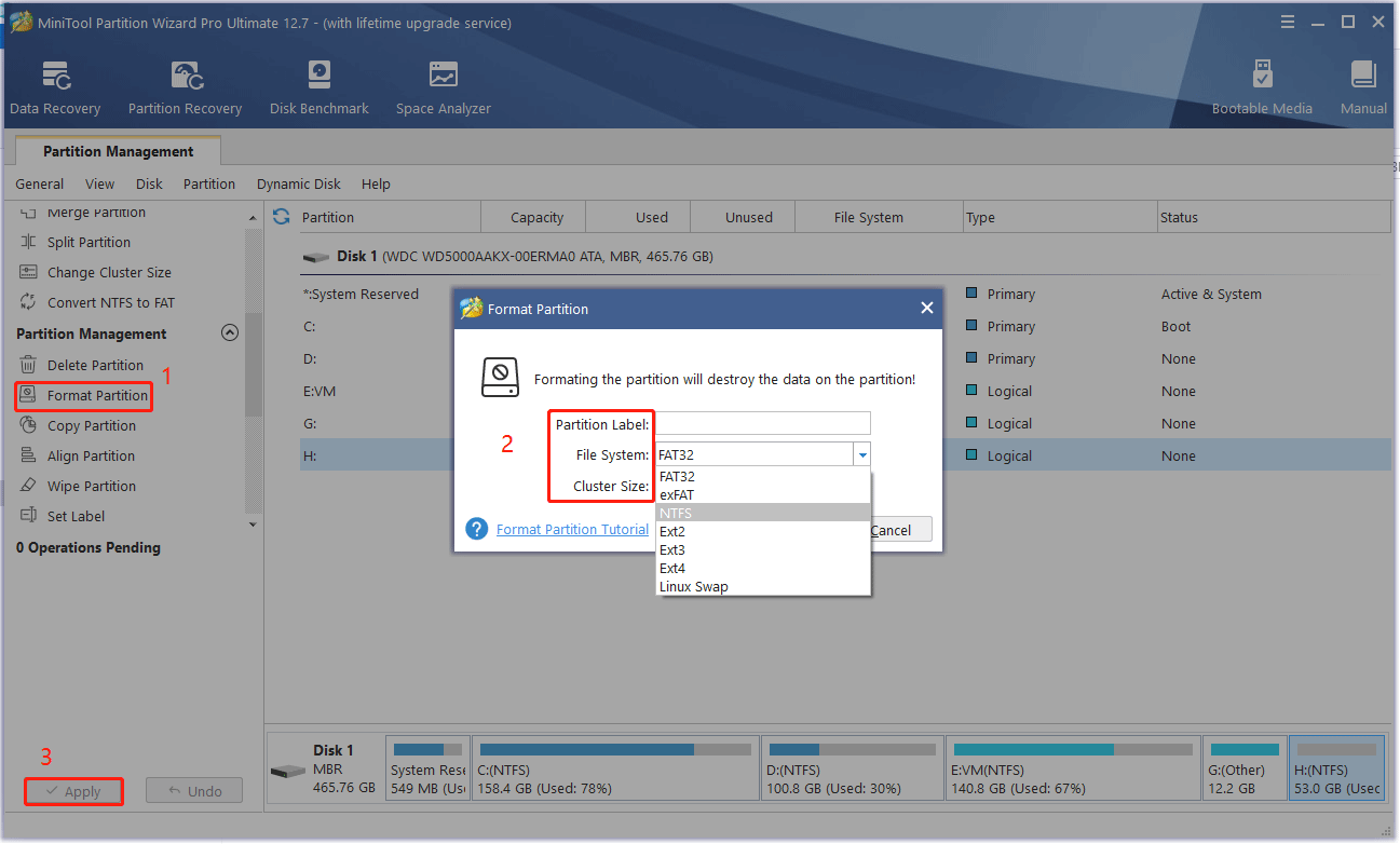 format hard drive using MiniTool Partition Wizard