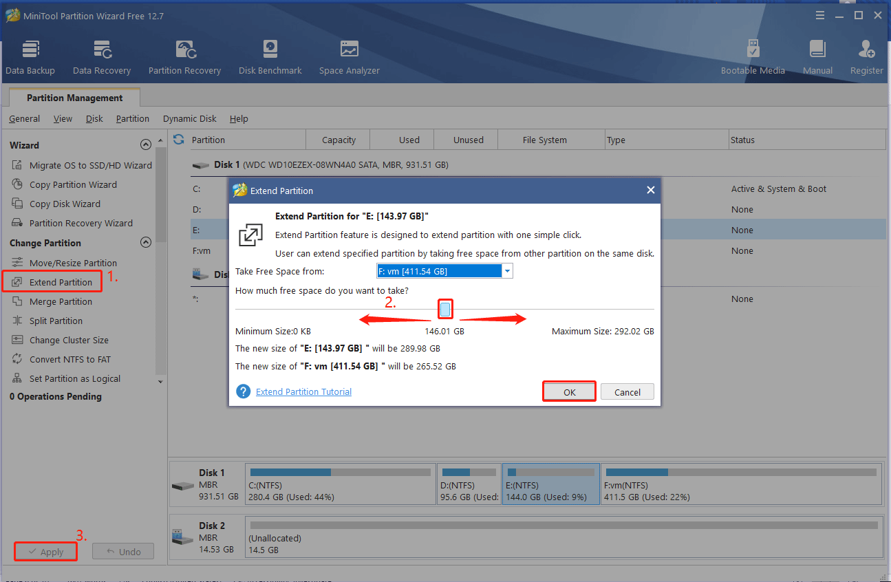 extend partition with MiniTool Partition Wizard