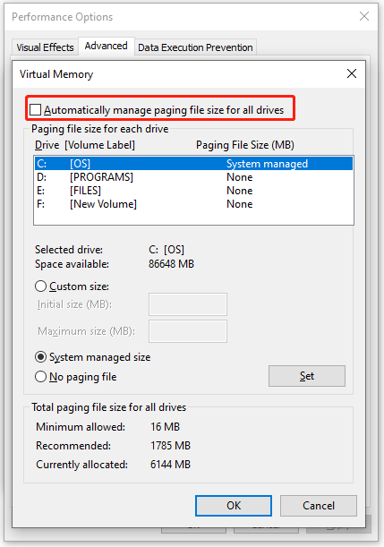 Automatically manage paging file size for all drives