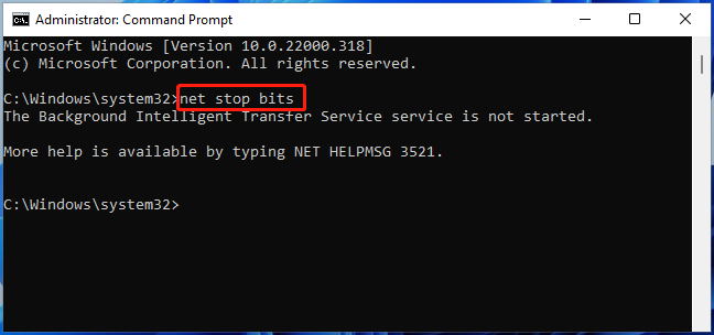 net stop bits in Command Prompt