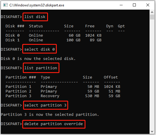Delete partition with diskpart