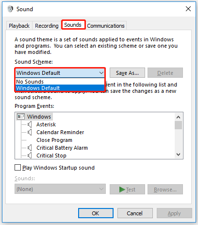 set the Sound scheme to No sounds or Windows default
