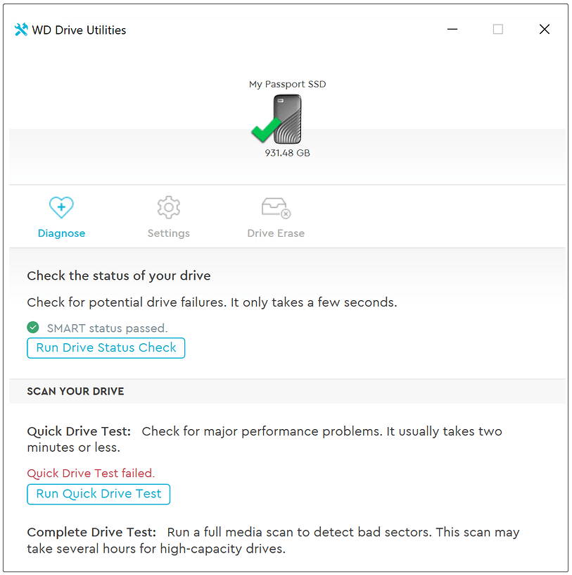 WD Drive Utilities Quick Drive test failed