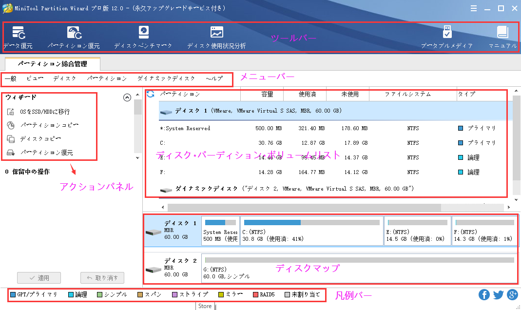 Partition Wizard メイン画面 | MiniTool Partition Wizardのチュートリアル