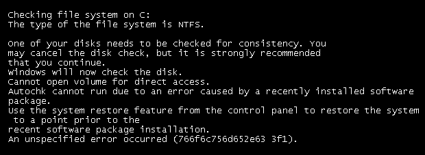 チェックディスクエラー「an unspecified error occurred」- Windows 10